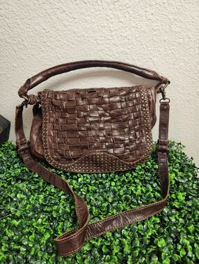 FRYE Stacy Woven & Studded Hobo Bag Italian Leather 2-Way Dark Brown
